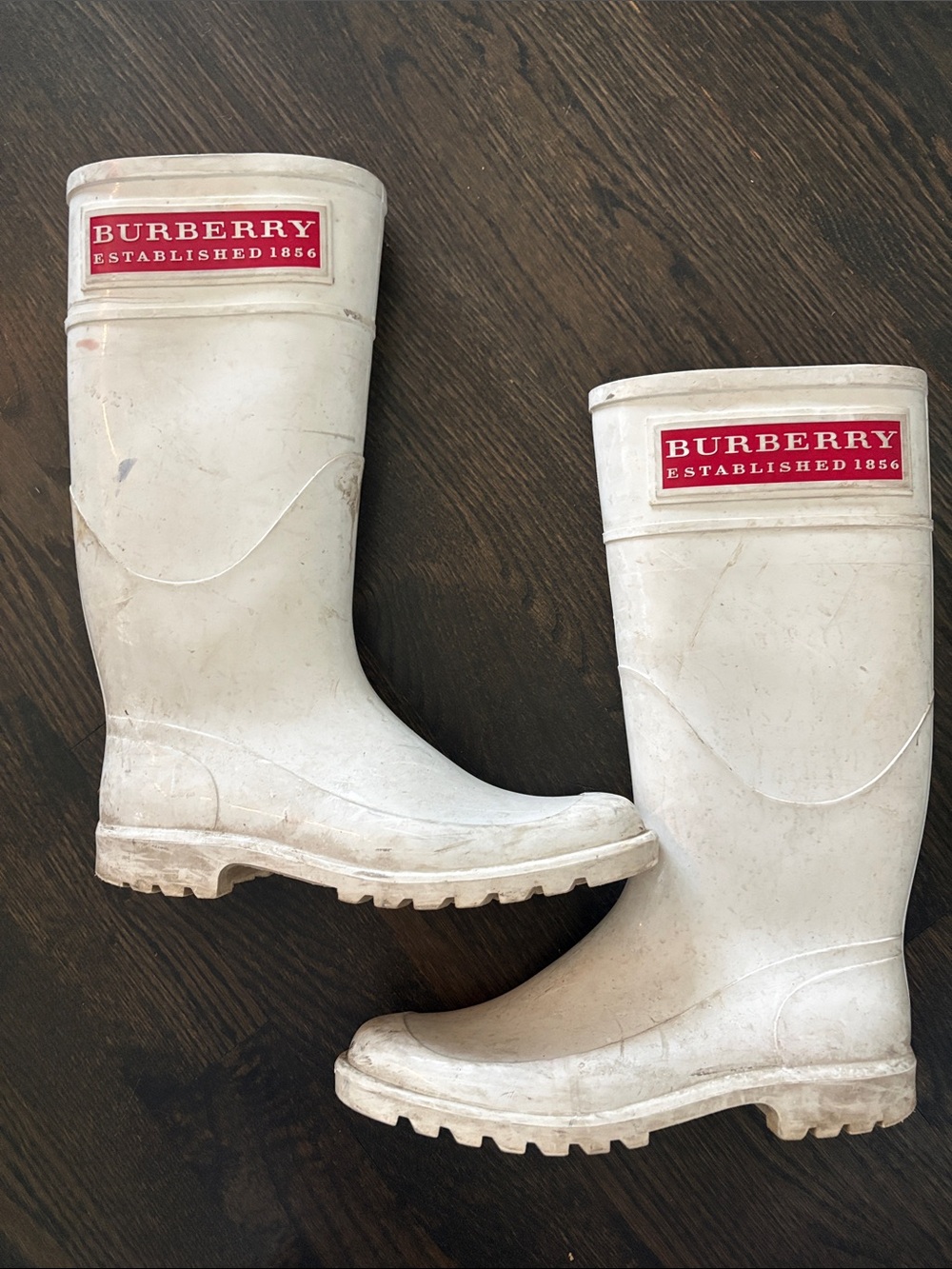 Burberry White Rain Boots with Red Logo Panels